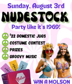 Poster for Nudestock - Party like it's 1969 - costume contest, groovy music, molson beer fridge raffle