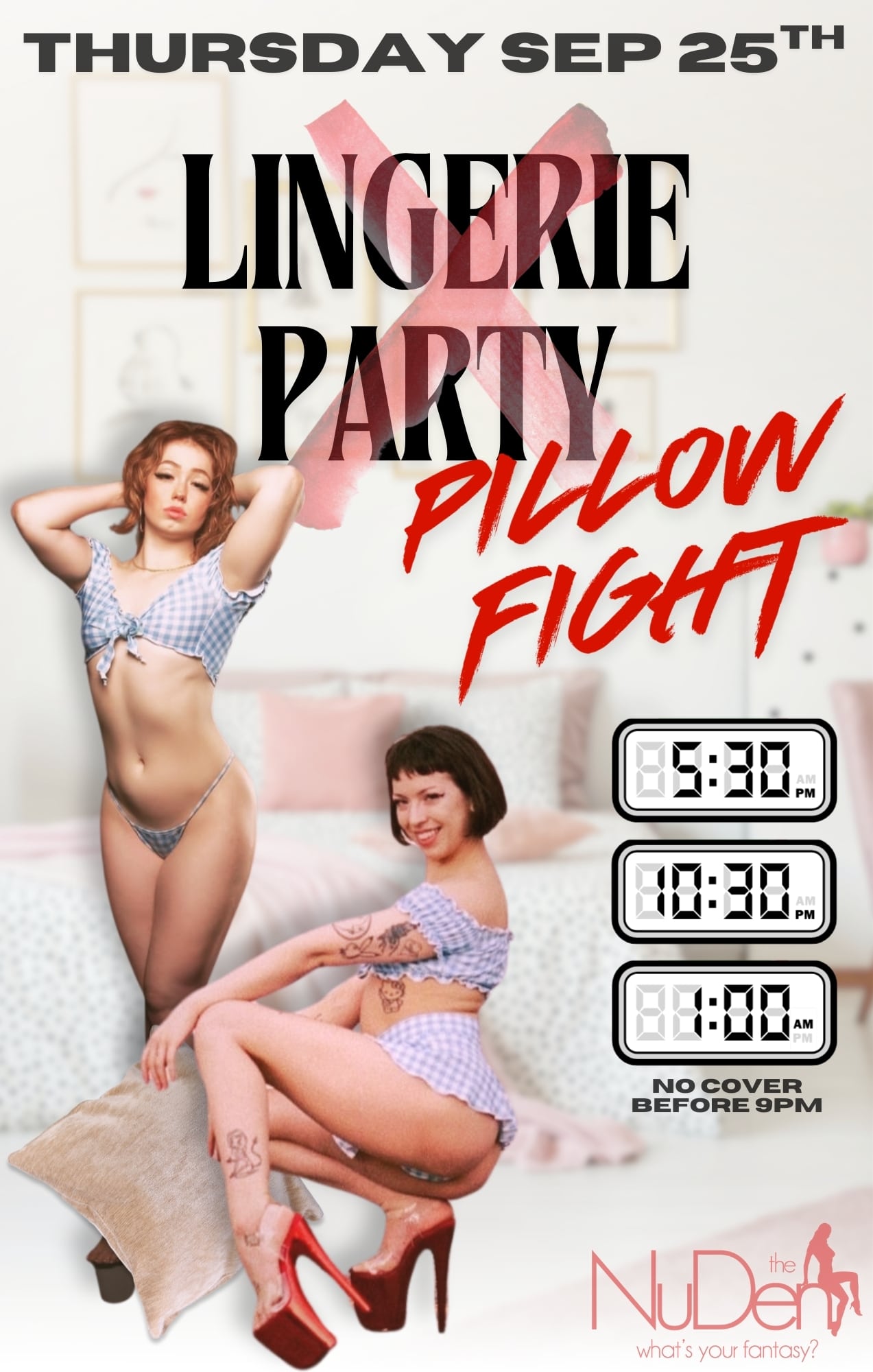 two lithe women pose with a pillow in front of text. The title "Lingerie Party" is lightly crossed out with the words "Pillow Fight" playfully scrawled underneath.